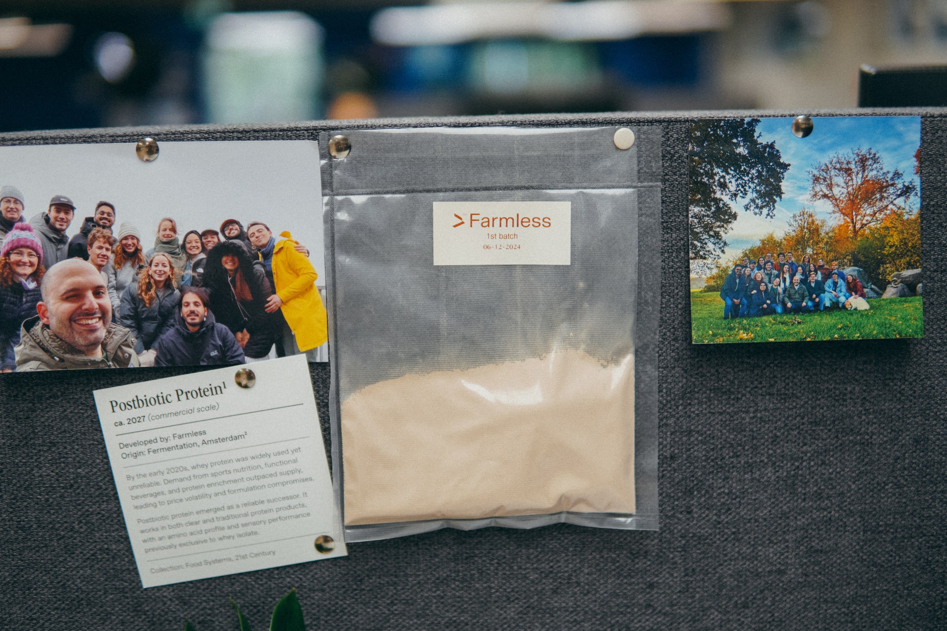 The pinboard by the desks: the first batch of Farmless protein in its pouch, dated 06-12-2024, between two photographs of the team.